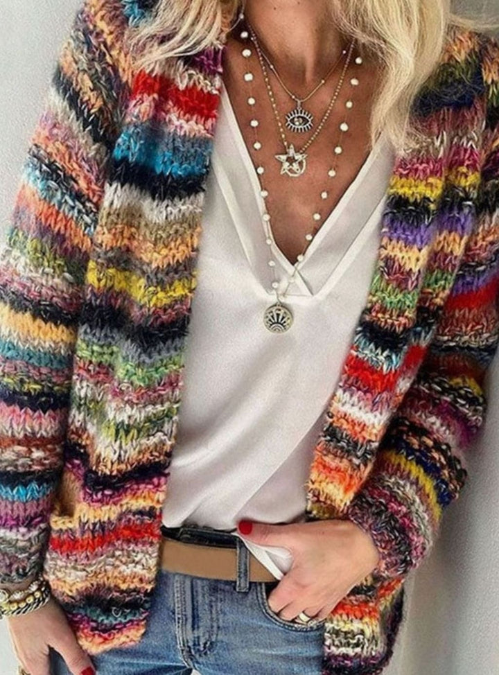 Women's Multicolour Striped Oversized Knit Cardigan Open Front