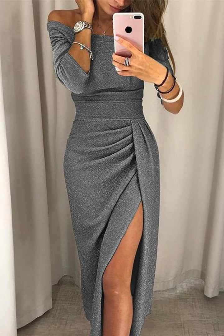 Women's Off-Shoulder Long-Sleeve Ruched Cocktail Party Dress