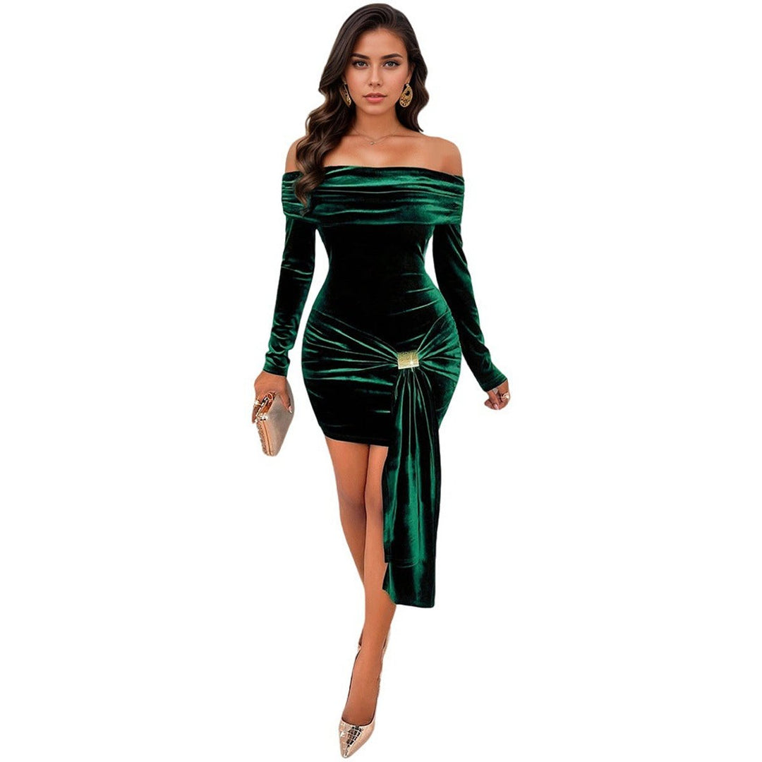 Women's Off-Shoulder Long-Sleeve Velvet Party Dress Ruched Split Hem