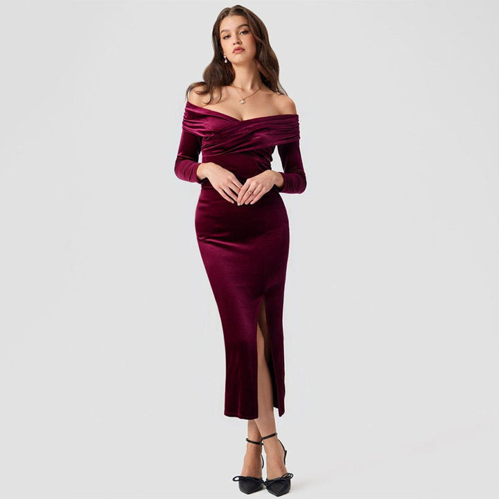 Women's Off-Shoulder Long-Sleeve Velvet Party Dress Side Split Midi
