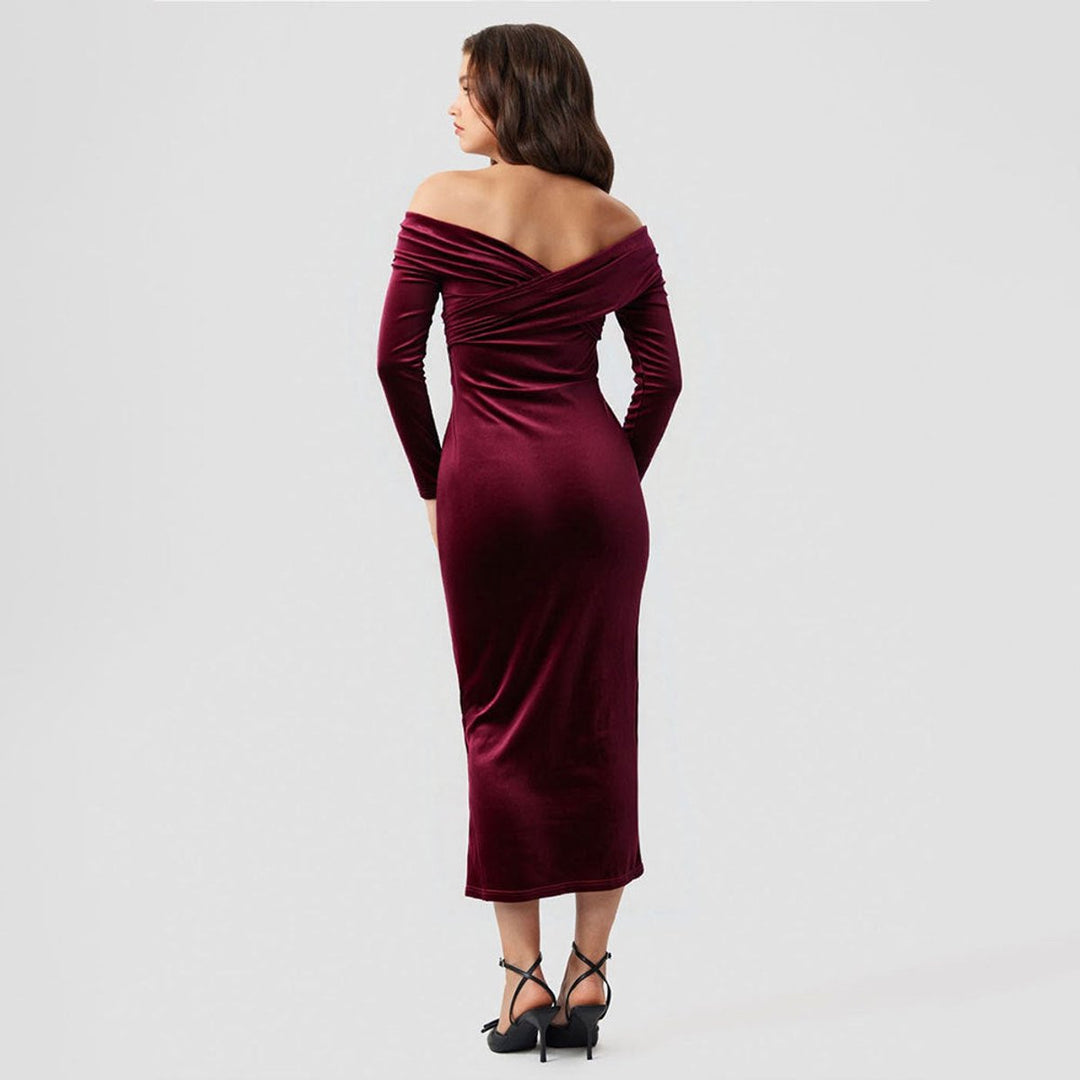 Women's Off-Shoulder Long-Sleeve Velvet Party Dress Side Split Midi