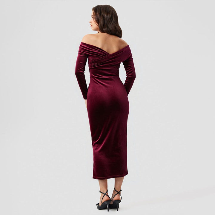 Women's Off-Shoulder Long-Sleeve Velvet Party Dress Side Split Midi