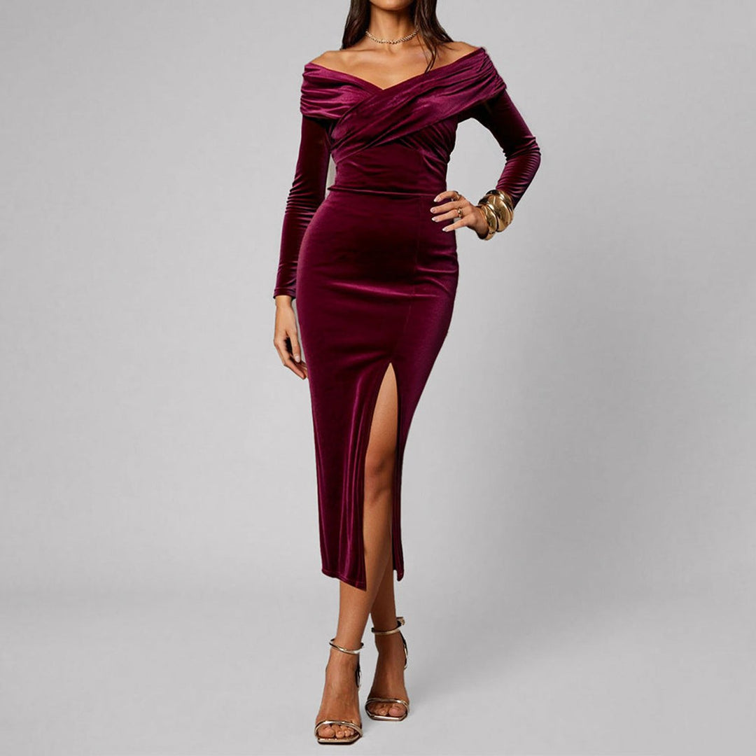 Women's Off-Shoulder Long-Sleeve Velvet Party Dress Side Split Midi