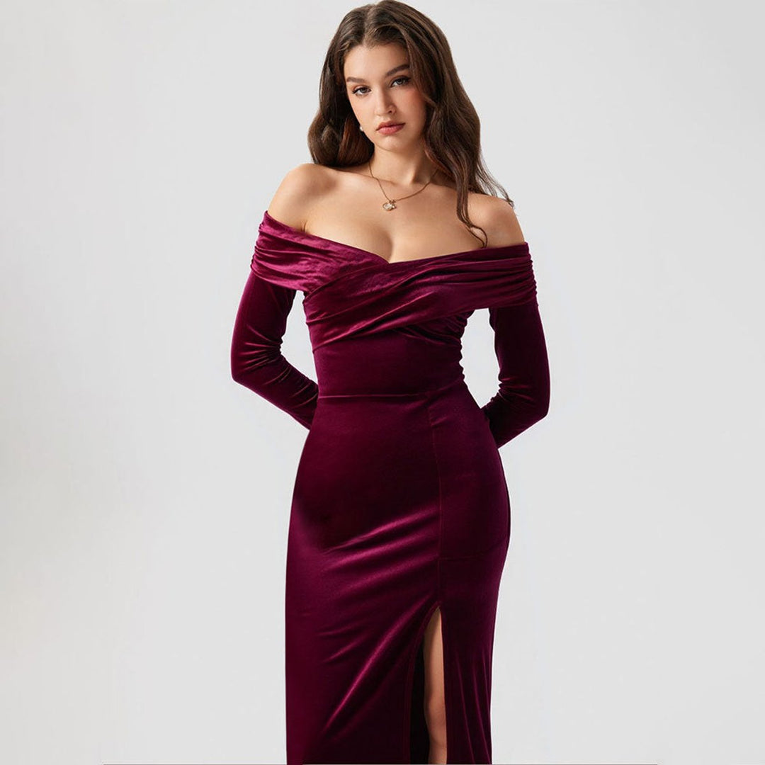 Women's Off-Shoulder Long-Sleeve Velvet Party Dress Side Split Midi