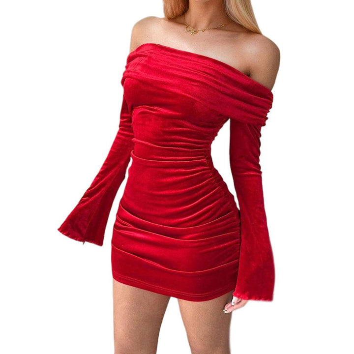 Women's Off-Shoulder Ruched Velvet Party Dress Long Flared Sleeves