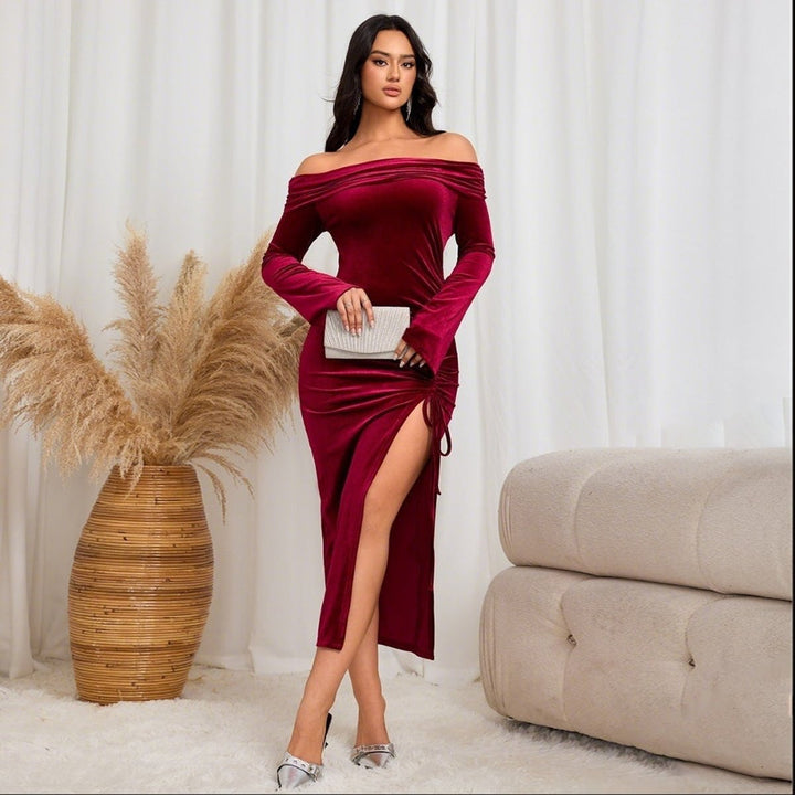 Women's Off-Shoulder Velvet Party Dress Side-Split Ruched Maxi