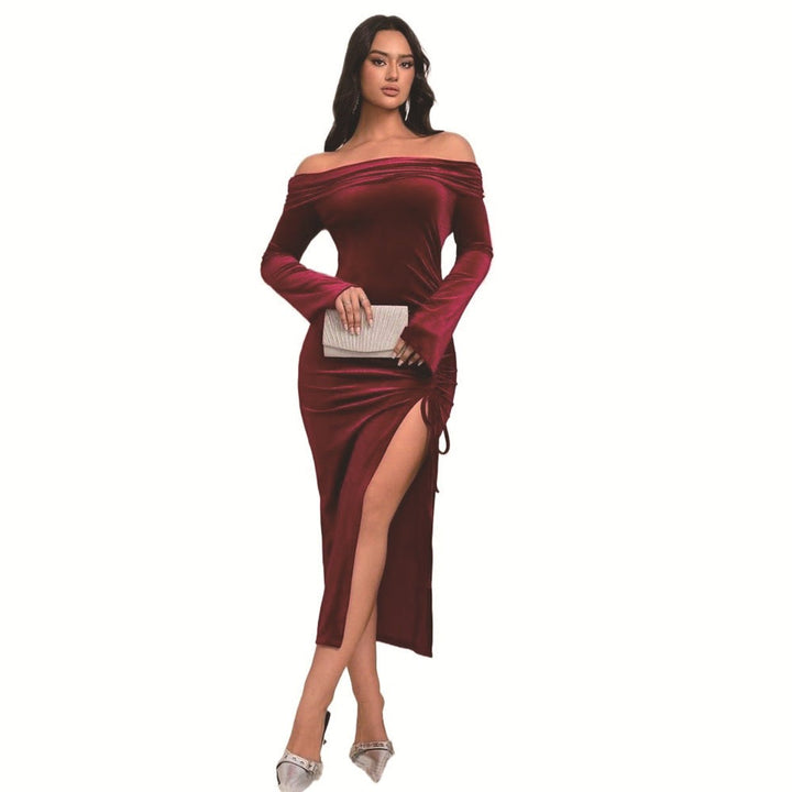 Women's Off-Shoulder Velvet Party Dress Side-Split Ruched Maxi