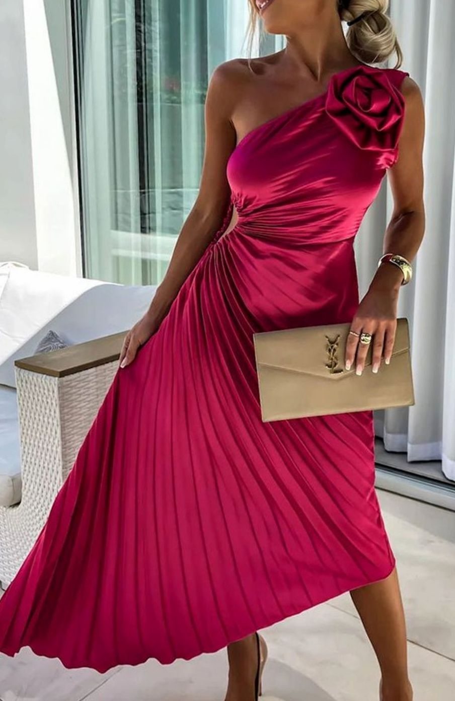 Women's One-Shoulder Pleated Midi Dress Floral Corsage