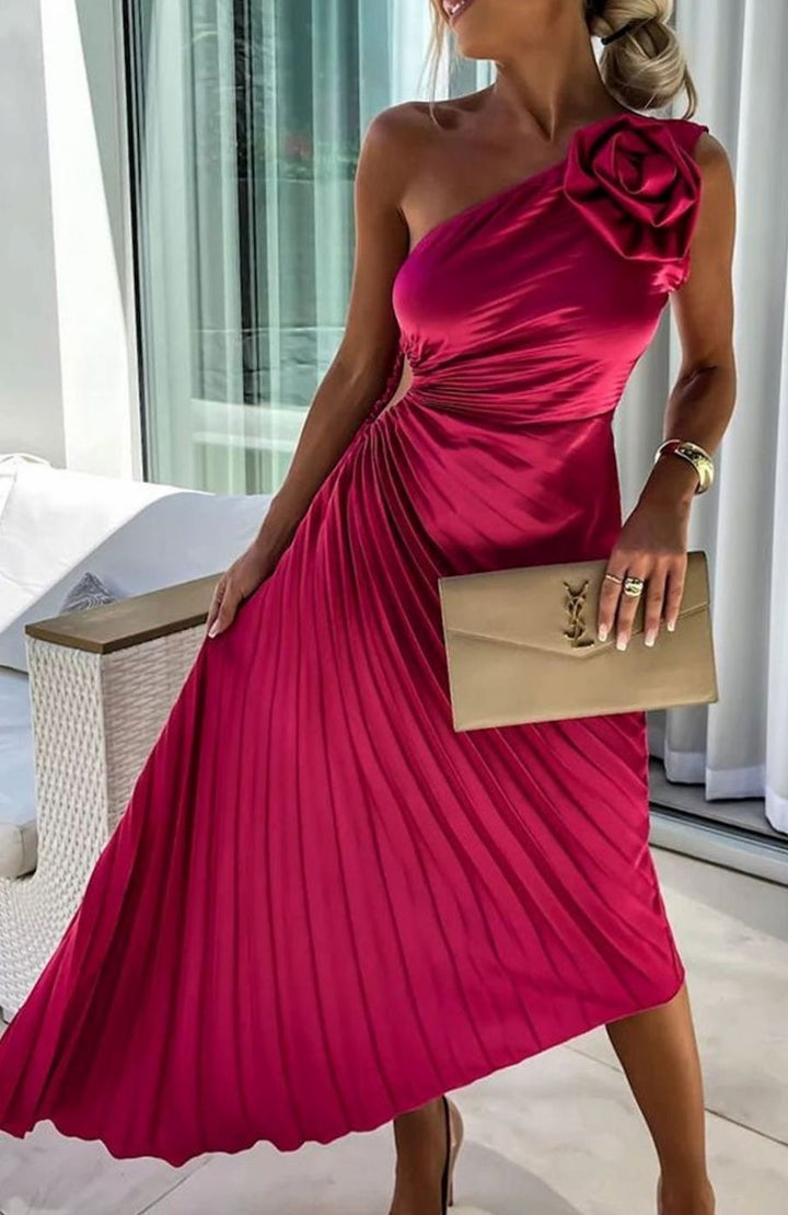 Women's One-Shoulder Pleated Midi Dress Floral Corsage