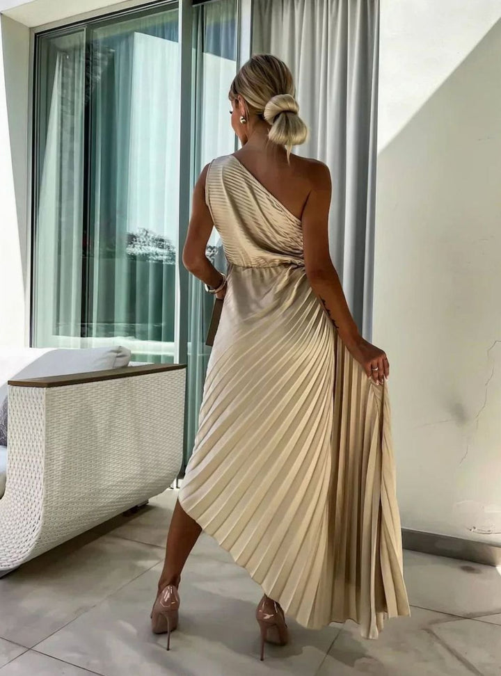 Women's One-Shoulder Pleated Midi Dress Floral Corsage