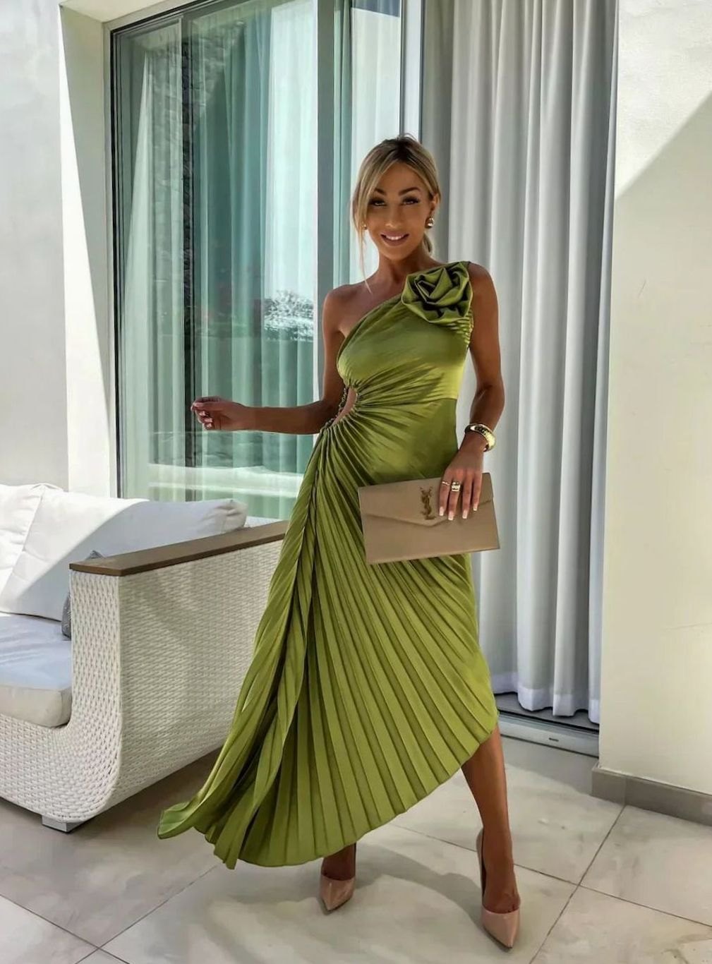 Women's One-Shoulder Pleated Midi Dress Floral Corsage