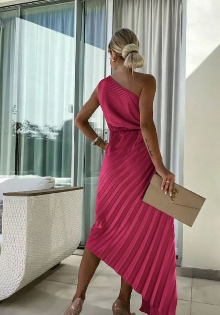 Women's One-Shoulder Pleated Midi Dress Floral Corsage