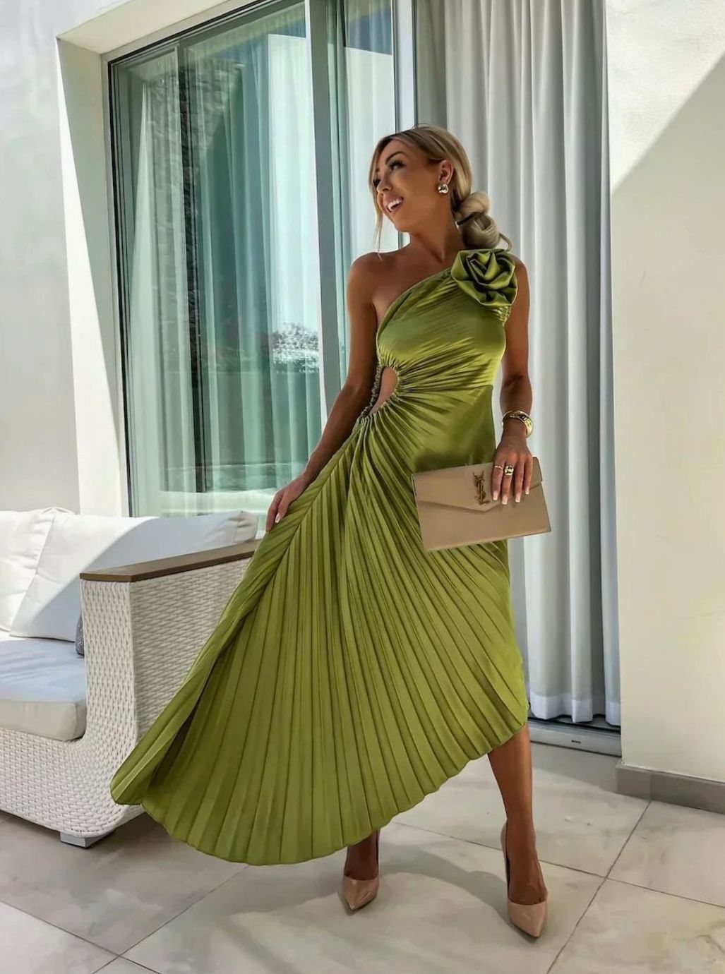 Women's One-Shoulder Pleated Midi Dress Floral Corsage