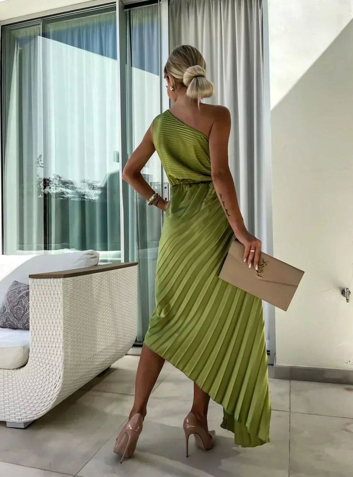Women's One-Shoulder Pleated Midi Dress Floral Corsage
