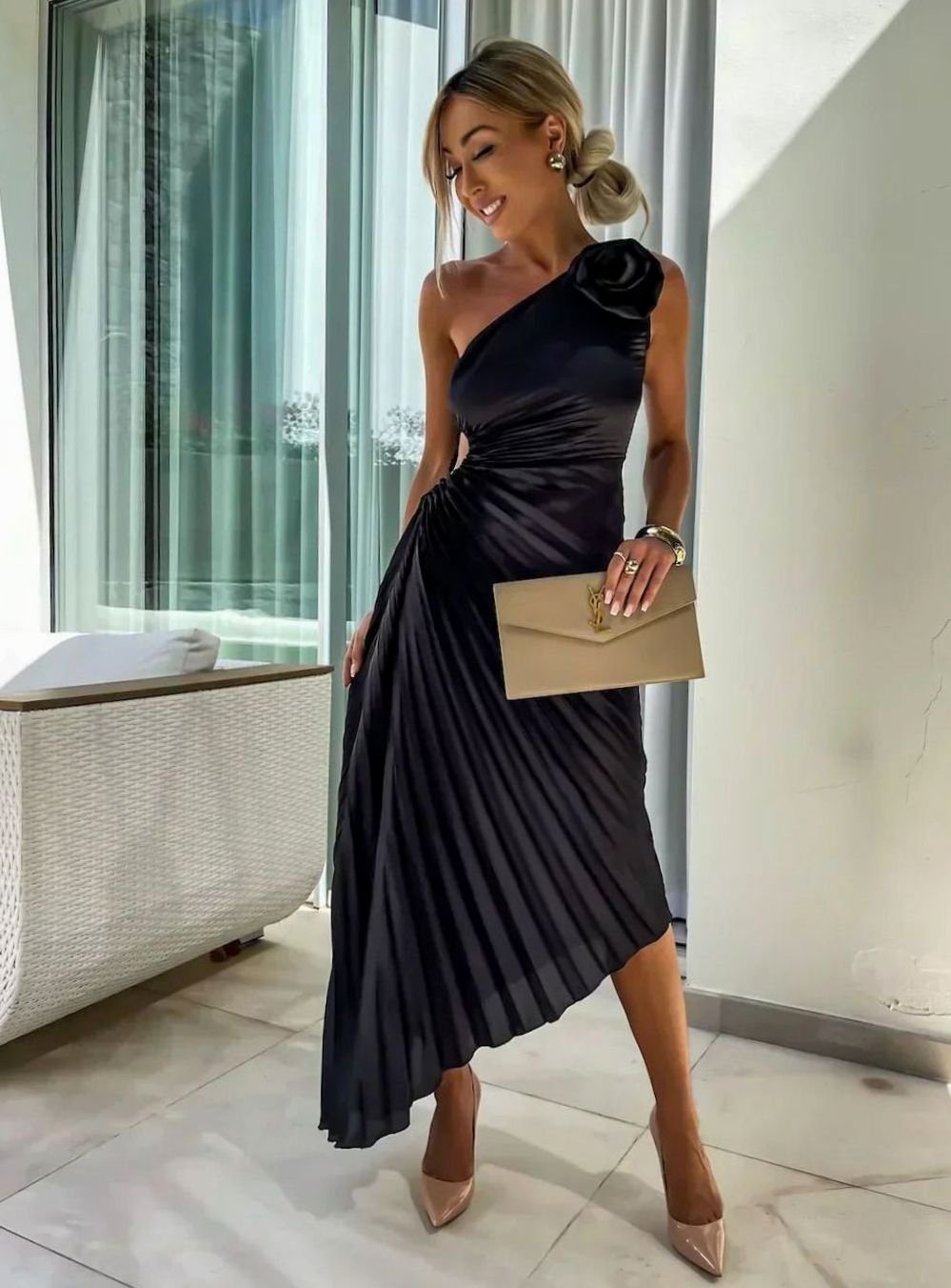 Women's One-Shoulder Pleated Midi Dress Floral Corsage