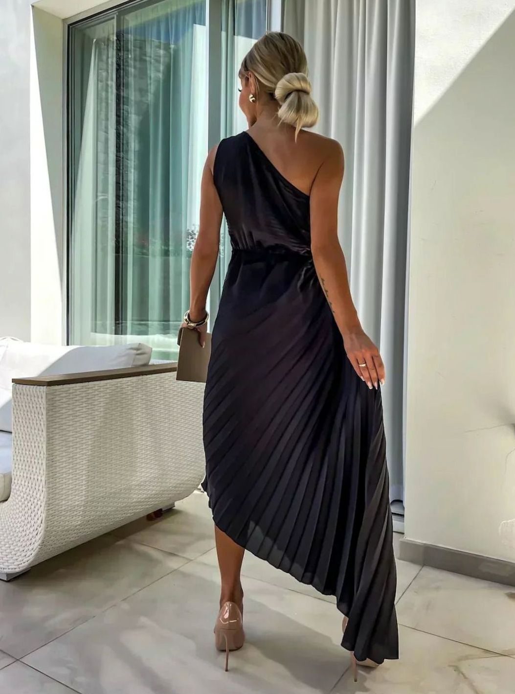 Women's One-Shoulder Pleated Midi Dress Floral Corsage