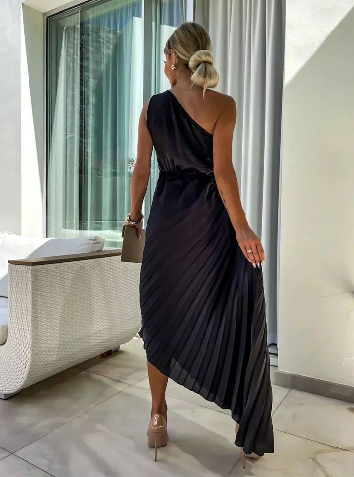 Women's One-Shoulder Pleated Midi Dress Floral Corsage
