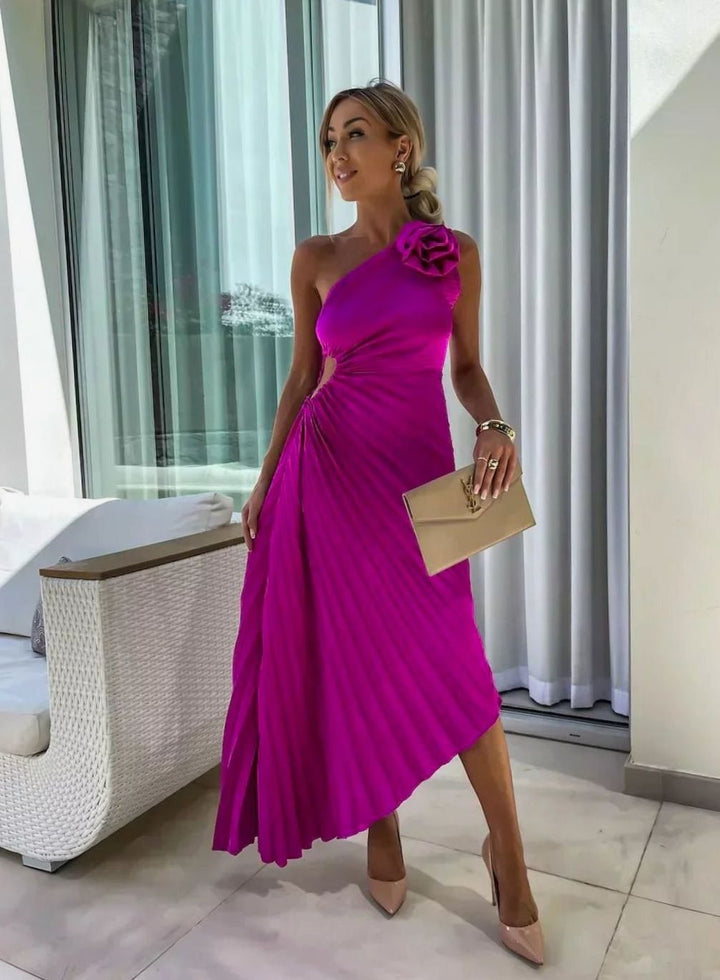Women's One-Shoulder Pleated Midi Dress Floral Corsage