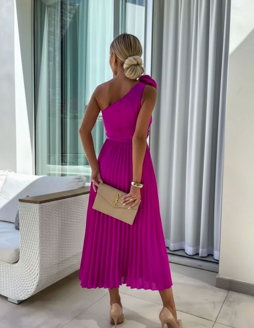 Women's One-Shoulder Pleated Midi Dress Floral Corsage