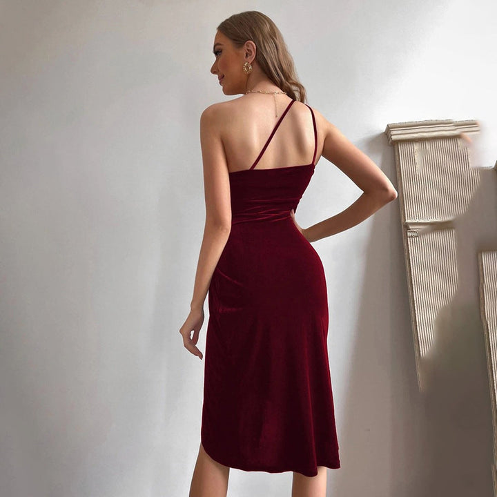 Women's One-Shoulder Ruched Velvet Party Dress Side Slit
