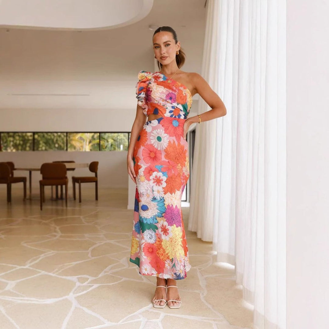Women's One-Shoulder Ruffle Cutout Cocktail Party Dress