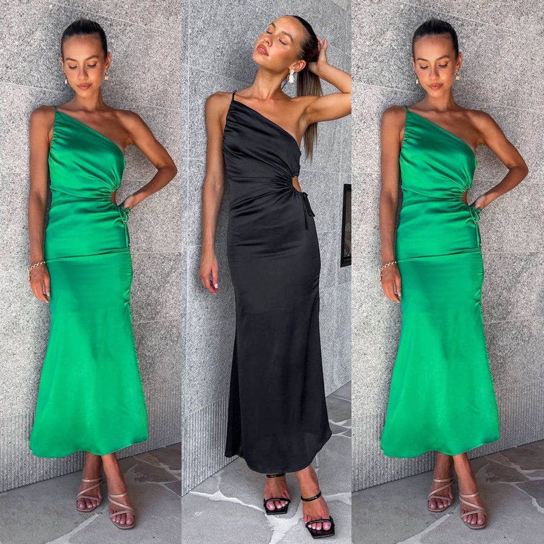 Women's One-Shoulder Satin Cutout Cocktail Party Dress