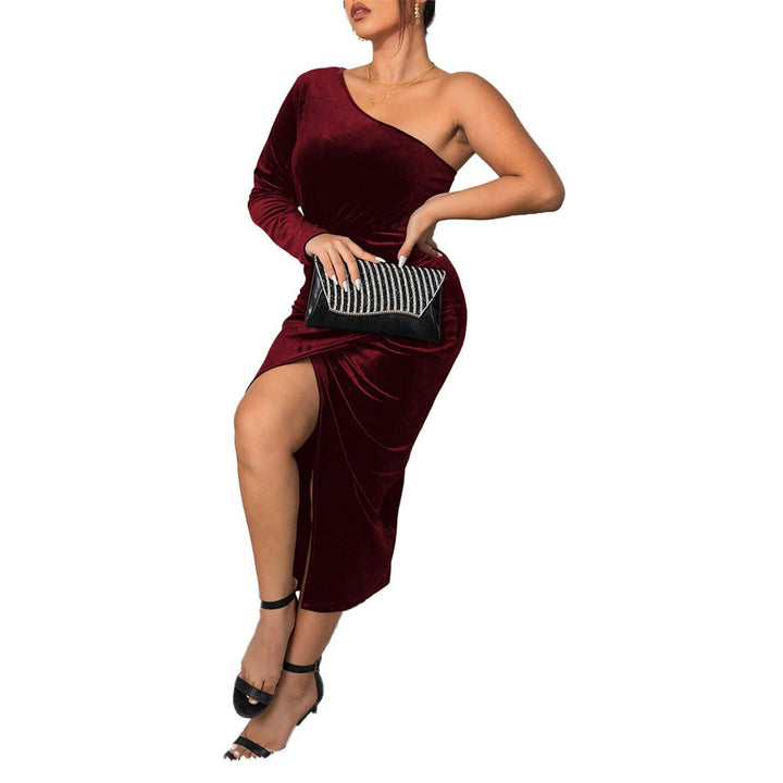 Women's One-Shoulder Velvet Party Dress Side-Slit Midi