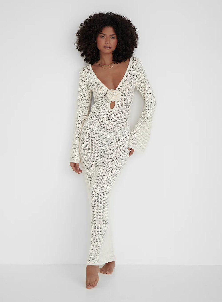 Women's Open-Knit Long-Sleeve Rosette Maxi Knitted Dress