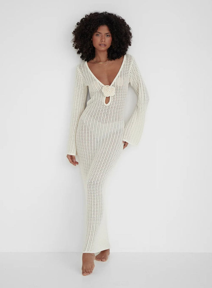 Women's Open-Knit Long-Sleeve Rosette Maxi Knitted Dress
