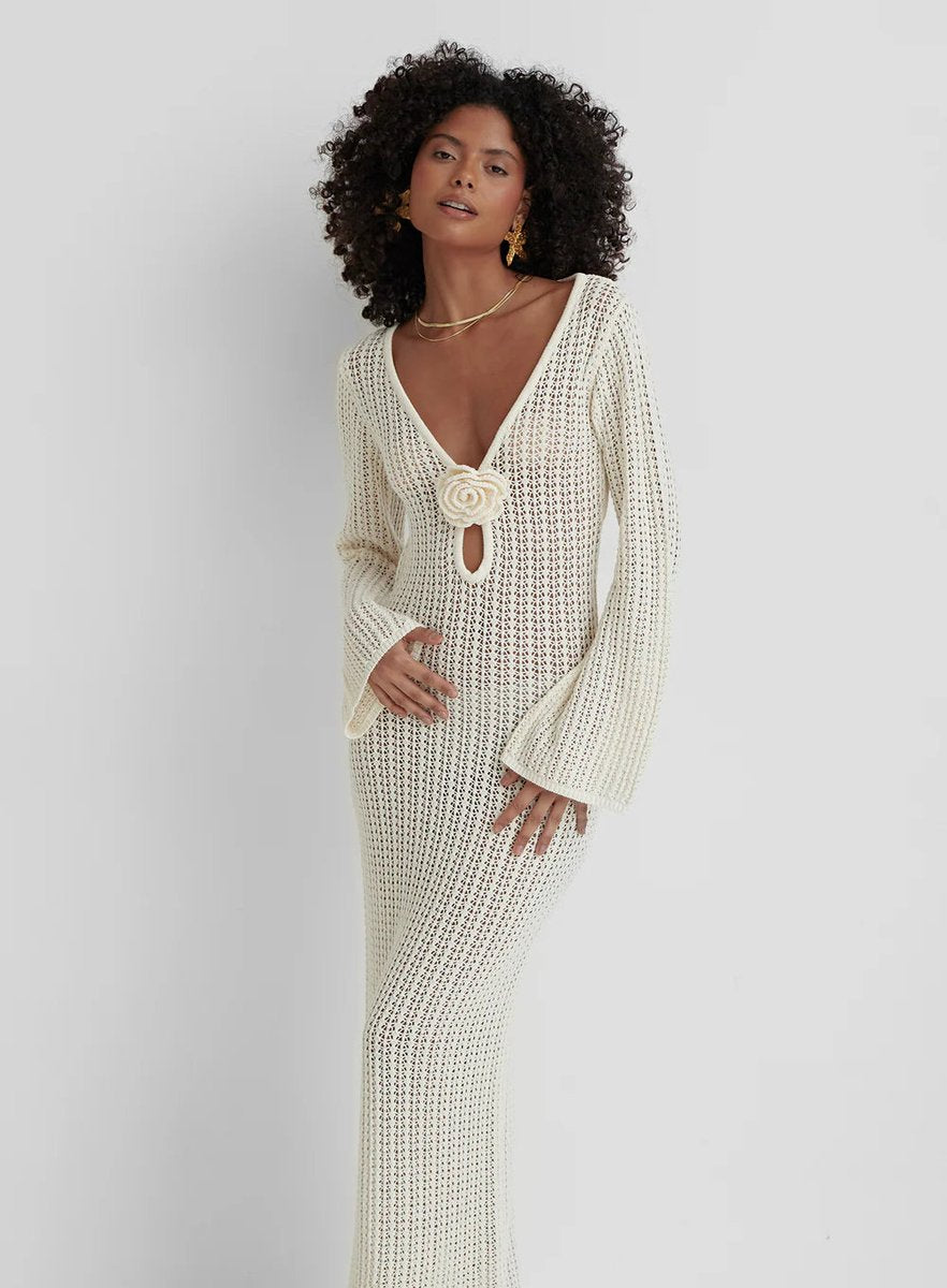 Women's Open-Knit Long-Sleeve Rosette Maxi Knitted Dress