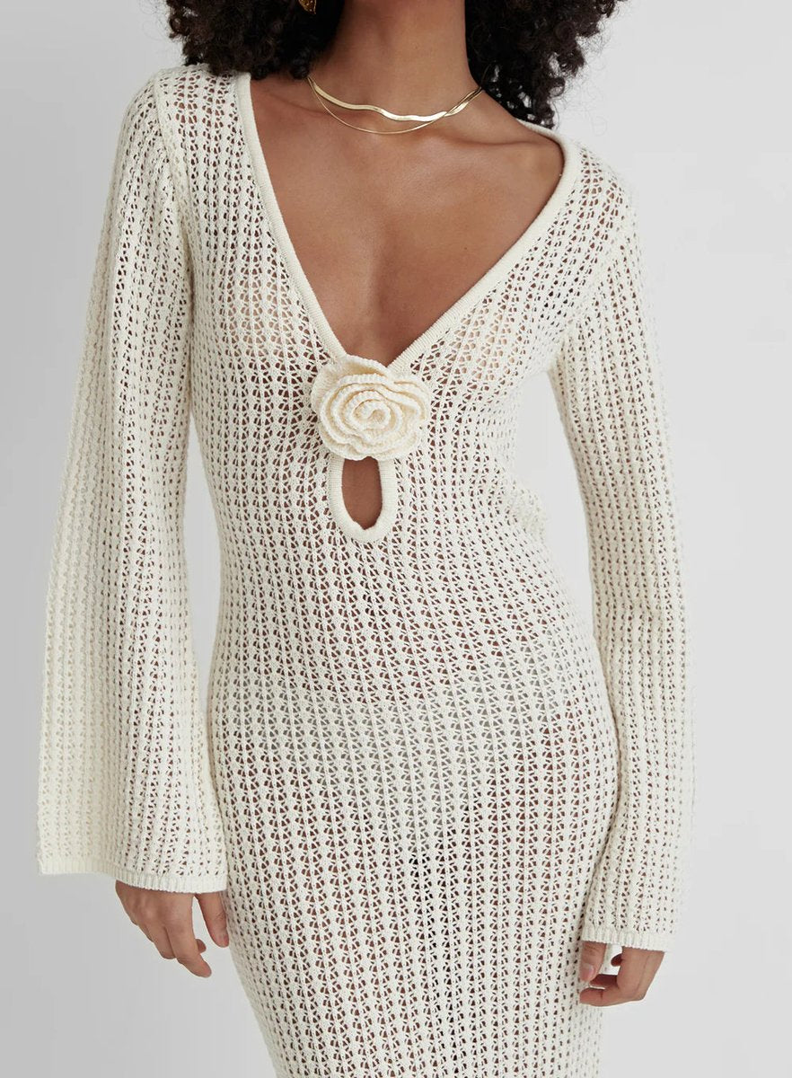 Women's Open-Knit Long-Sleeve Rosette Maxi Knitted Dress