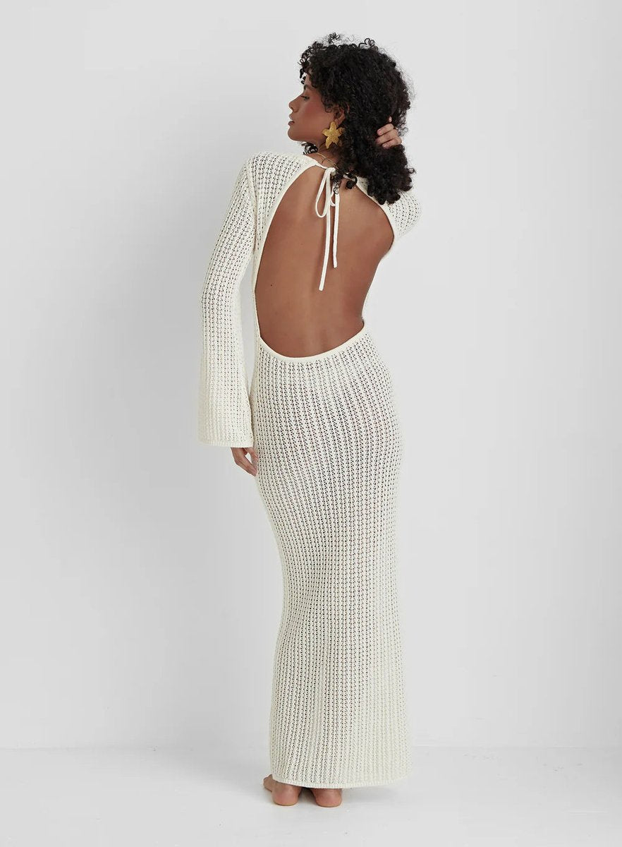 Women's Open-Knit Long-Sleeve Rosette Maxi Knitted Dress