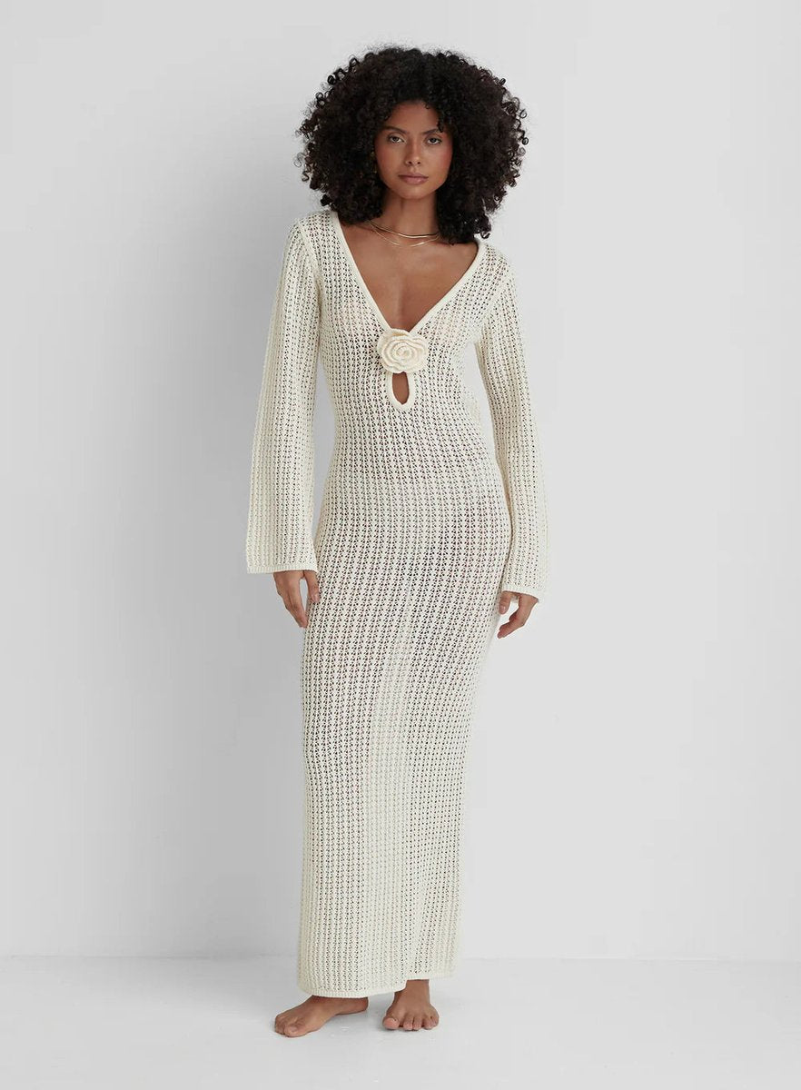 Women's Open-Knit Long-Sleeve Rosette Maxi Knitted Dress
