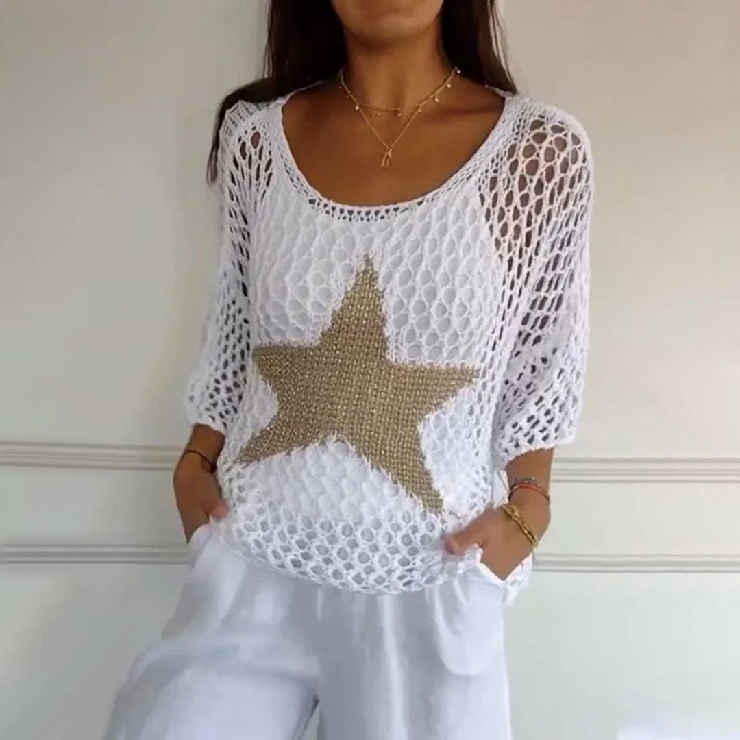 Women's Open-Knit Sweater Top Star Print Relaxed Fit