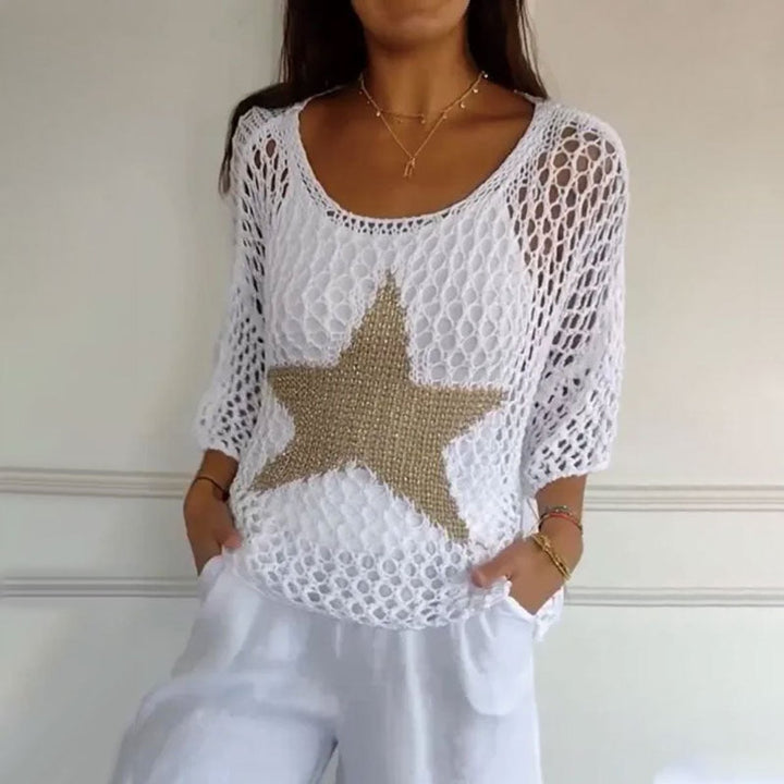 Women's Open-Knit Sweater Top Star Print Relaxed Fit