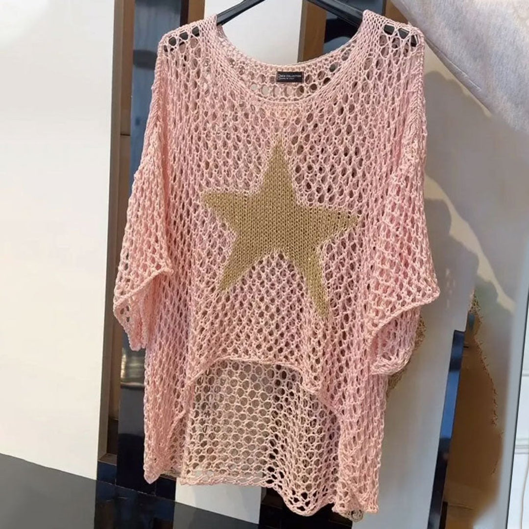 Women's Open-Knit Sweater Top Star Print Relaxed Fit
