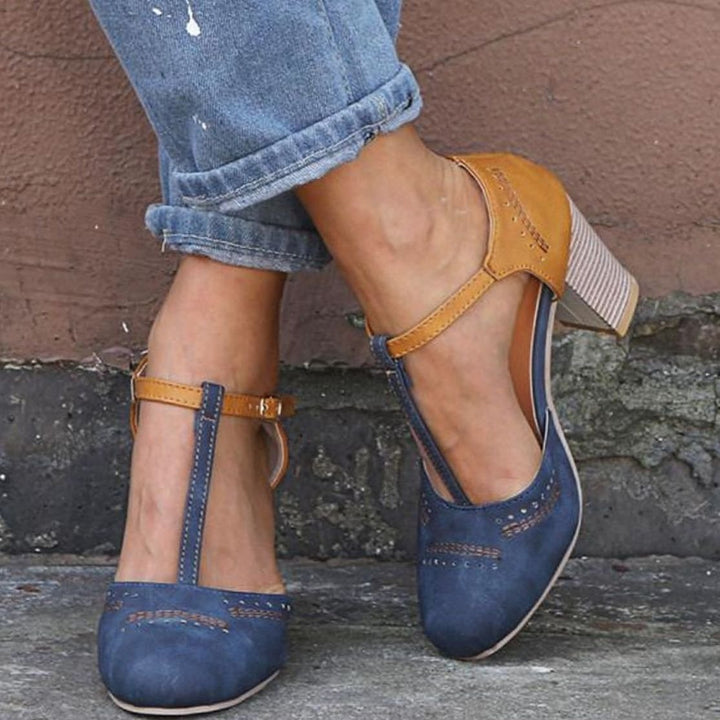 Women's Orthopaedic T-Bar Block-Heel Heeled Shoes - Blue
