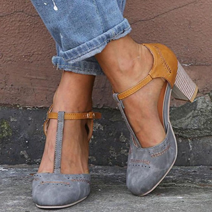 Women's Orthopaedic T-Bar Block-Heel Heeled Shoes - Grey