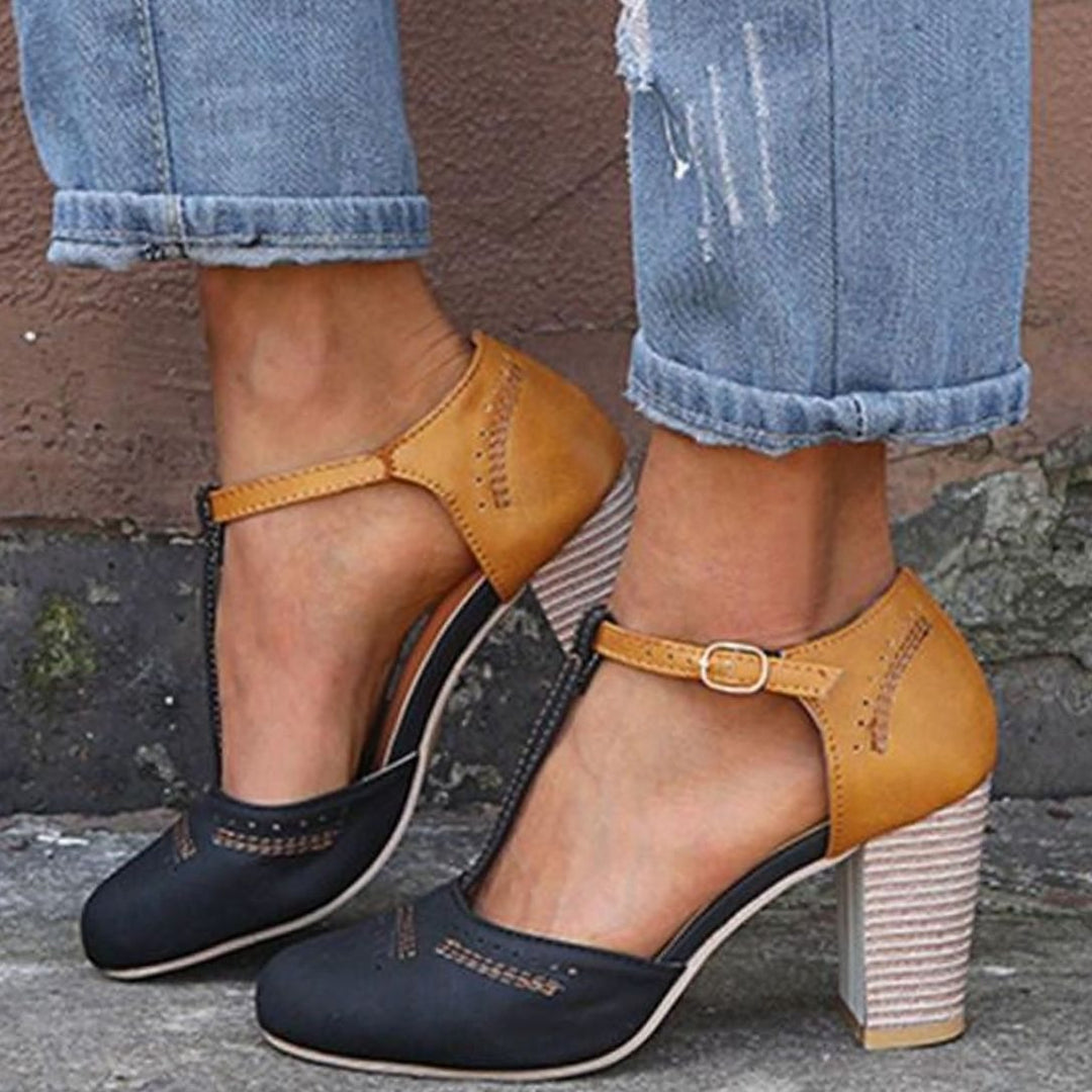 Women's Orthopaedic T-Bar Block-Heel Heeled Shoes - Black