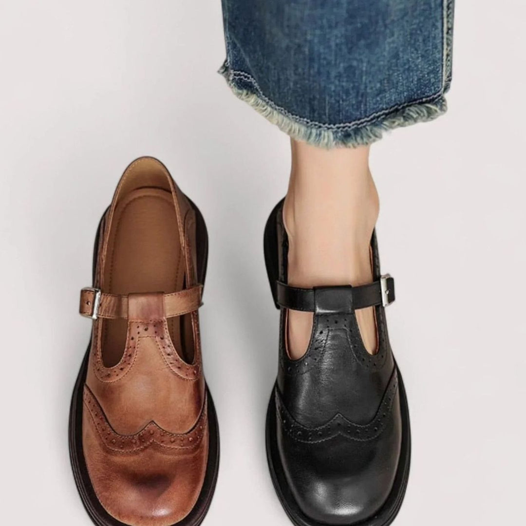 Women's Orthopedic Brogue T-Bar Mary Jane Leather Shoes