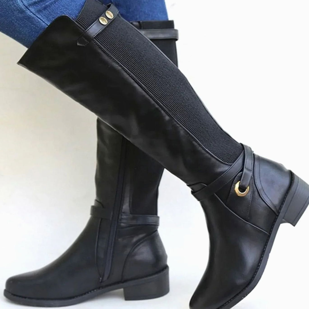 Women's Orthopedic Knee-High Elastic-Panel Leather Boots - Black