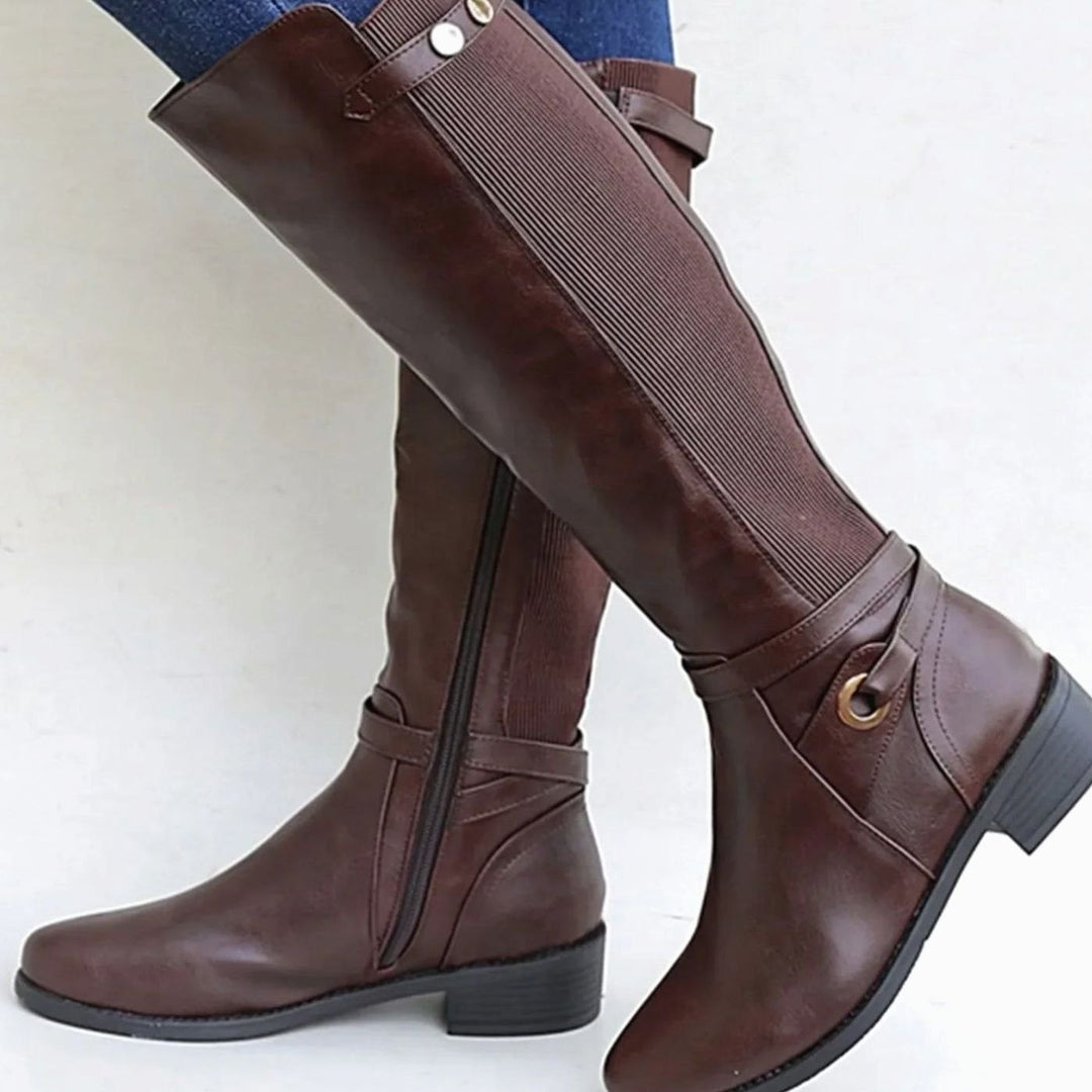 Women's Orthopedic Knee-High Elastic-Panel Leather Boots - Brown