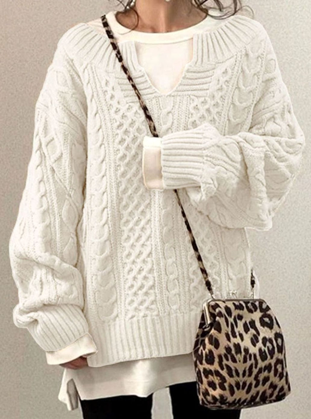 Women's Oversized Cable Knit Sweater V-Neck Layered Jumper - White