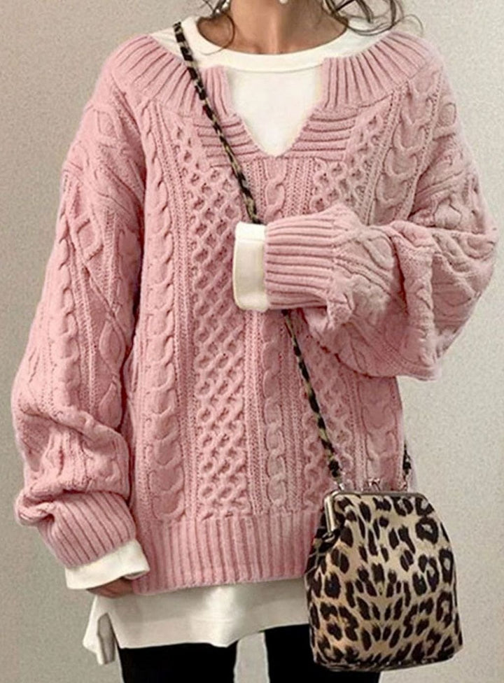Women's Oversized Cable Knit Sweater V-Neck Layered Jumper - Pink