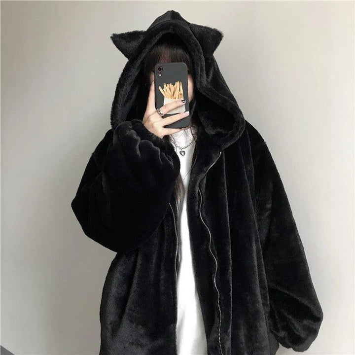 Women's Oversized Cat Ear Hooded Faux Fur Coat Zip-Up Jacket