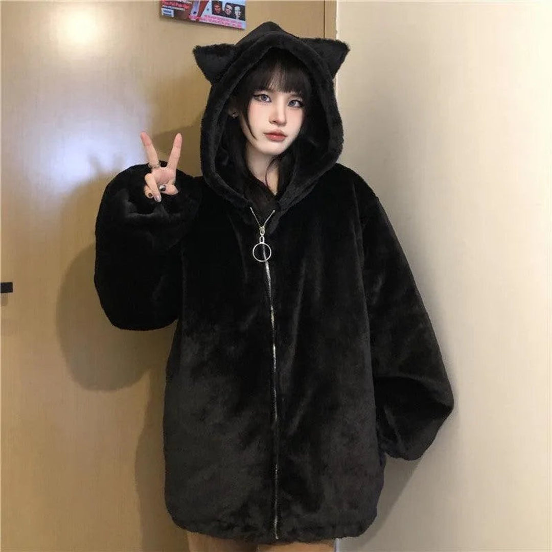 Women's Oversized Cat Ear Hooded Faux Fur Coat Zip-Up Jacket