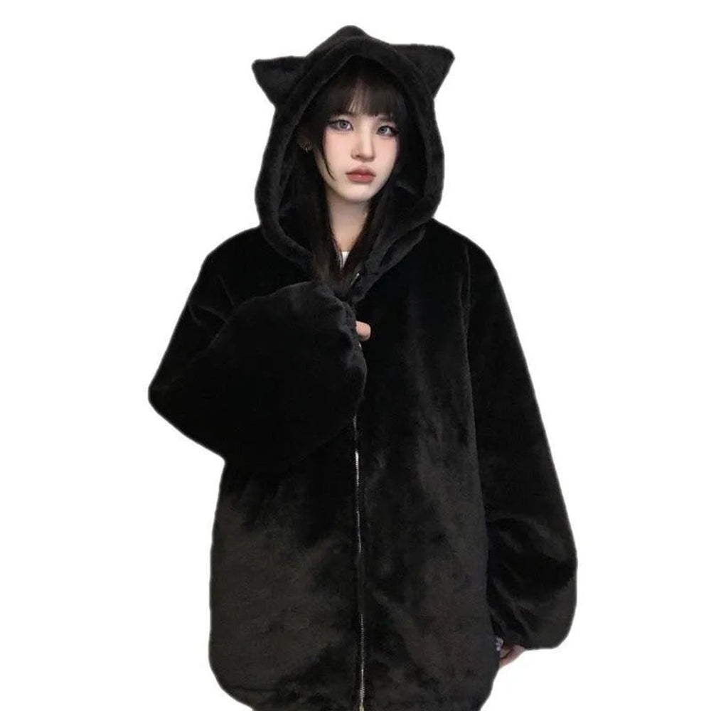 Women's Oversized Cat Ear Hooded Faux Fur Coat Zip-Up Jacket