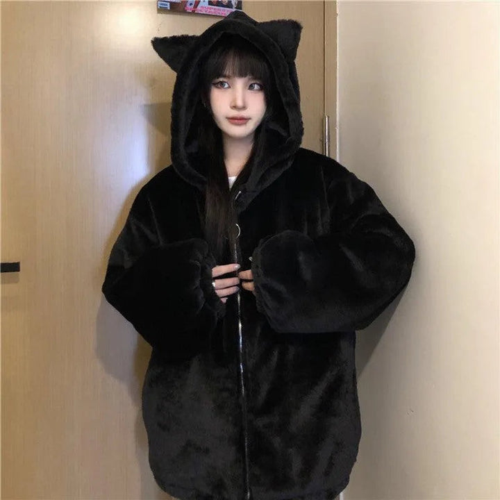 Women's Oversized Cat Ear Hooded Faux Fur Coat Zip-Up Jacket