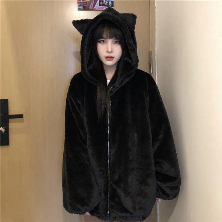 Women's Oversized Cat Ear Hooded Faux Fur Coat Zip-Up Jacket