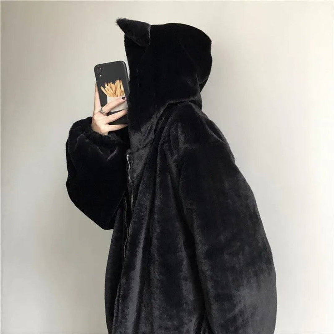 Women's Oversized Cat Ear Hooded Faux Fur Coat Zip-Up Jacket